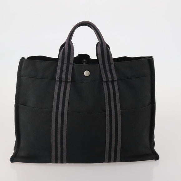 HERMES Fourre Tout MM Hand Bag Canvas 5 Set Navy Black Auth 191437