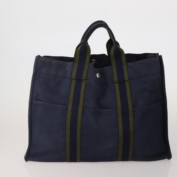 HERMES Fourre Tout MM Hand Bag Canvas 5 Set Navy Black Auth 191437