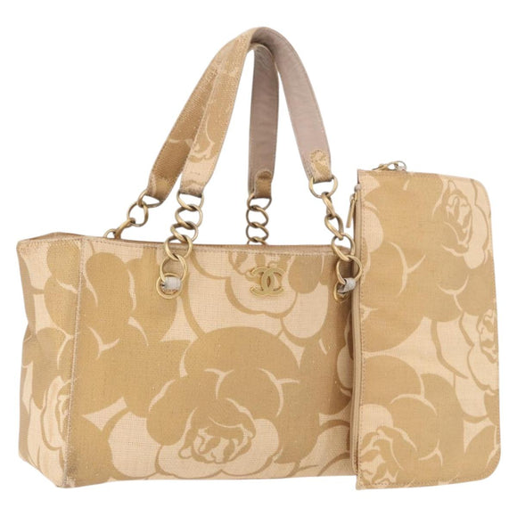 CHANEL Chain Shoulder Tote Bag Raffia Beige Gold CC Auth 191448V