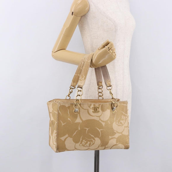 CHANEL Chain Shoulder Tote Bag Raffia Beige Gold CC Auth 191448V