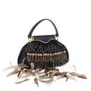 BVLGARI Feather Hand Bag Satin Black Gold Auth 191451SM-1