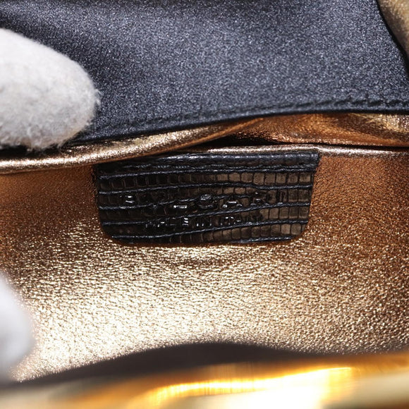 BVLGARI Feather Hand Bag Satin Black Gold Auth 191451SM