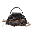 BVLGARI Feather Hand Bag Satin Black Gold Auth 191451SM-2