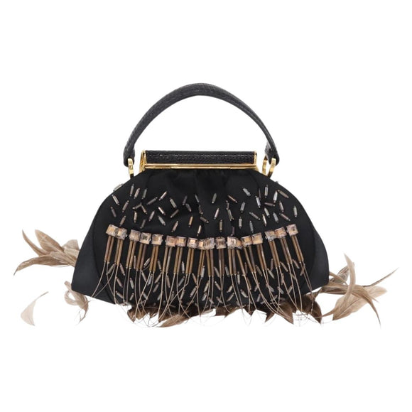 BVLGARI Feather Hand Bag Satin Black Gold Auth 191451SM