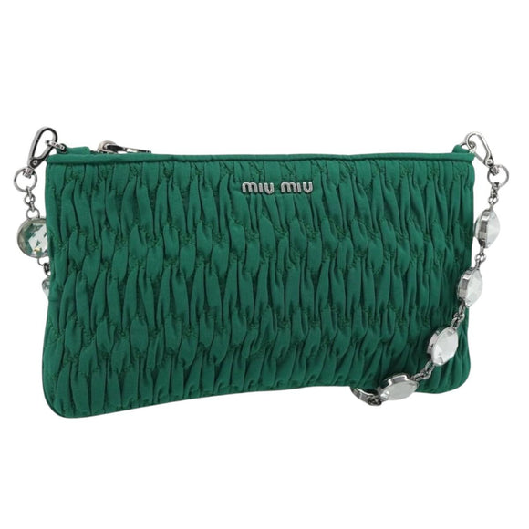 Miu Miu Gathered Bijoux Chain Shoulder Bag Canvas Green Silver Auth 191478SM
