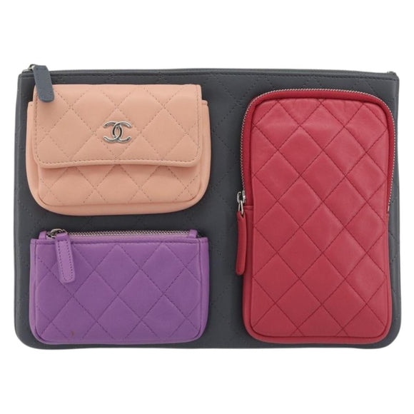 CHANEL Matelasse Clutch Bag Lamb Skin Gray Silver CC Auth 191479SM