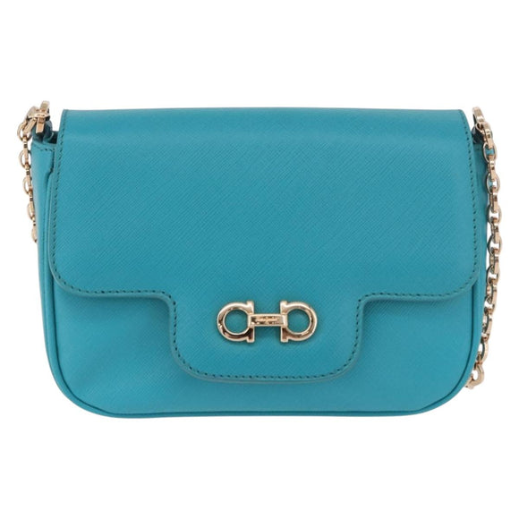 Salvatore Ferragamo Gancini Chain Shoulder Bag Leather Blue Gold Auth 191493A