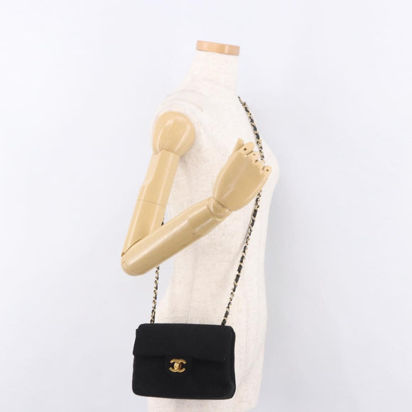 CHANEL Mini Matelasse 17 Chain Shoulder Bag Cotton Black Gold CC Auth 191494A