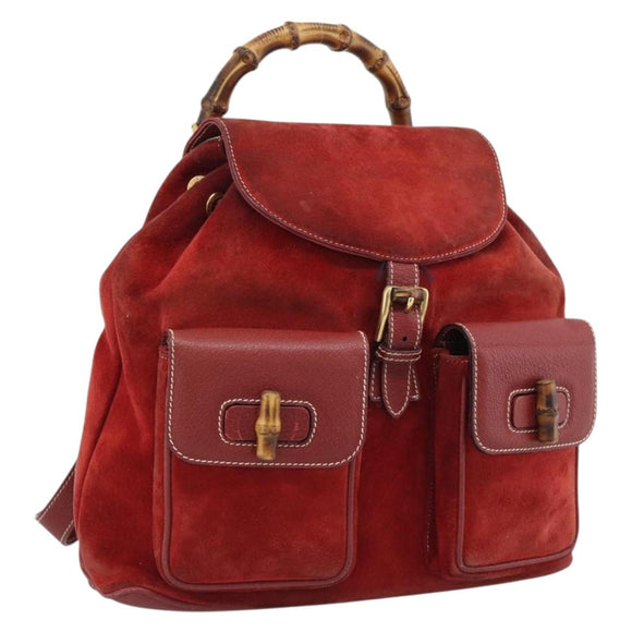 GUCCI Bamboo Backpack Suede Red Gold 003 2058 0016 Auth 191533