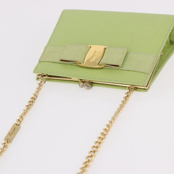 Salvatore Ferragamo Vala Chain Shoulder Bag Leather Green Gold Auth 191552A