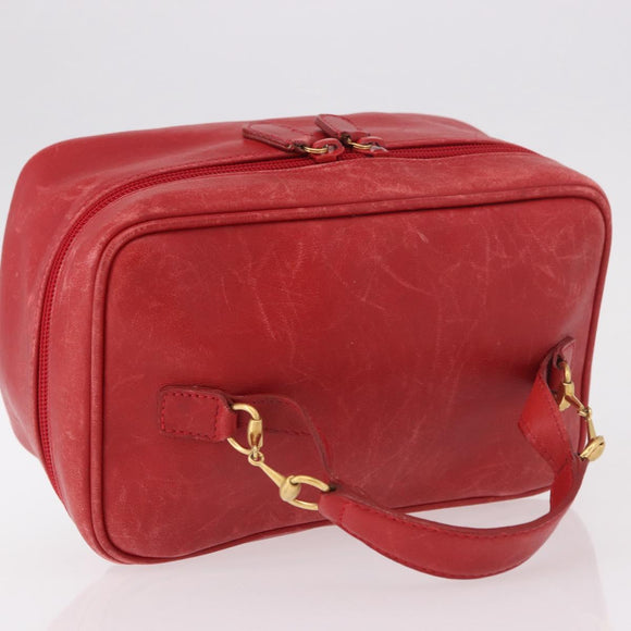 GUCCI Horsebit Vanity Cosmetic Pouch Leather Red Gold Auth 191565