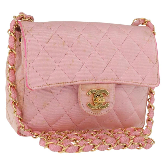 CHANEL Mini Matelasse 18 Chain Shoulder Bag Canvas Pink Gold CC Auth 191614