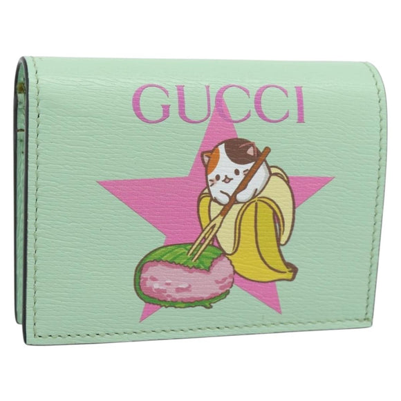 GUCCI Bananya Compact Wallet Leather Mint Green 701009 Auth 191625M