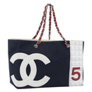 CHANEL Choco Bar Chain Tote Bag Canvas Navy Silver CC Auth 191645A-1