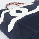 CHANEL Choco Bar Chain Tote Bag Canvas Navy Silver CC Auth 191645A-11