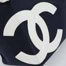 CHANEL Choco Bar Chain Tote Bag Canvas Navy Silver CC Auth 191645A-15