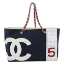 CHANEL Choco Bar Chain Tote Bag Canvas Navy Silver CC Auth 191645A-2