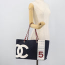 CHANEL Choco Bar Chain Tote Bag Canvas Navy Silver CC Auth 191645A-24