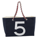 CHANEL Choco Bar Chain Tote Bag Canvas Navy Silver CC Auth 191645A-3