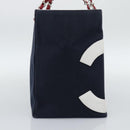 CHANEL Choco Bar Chain Tote Bag Canvas Navy Silver CC Auth 191645A-4