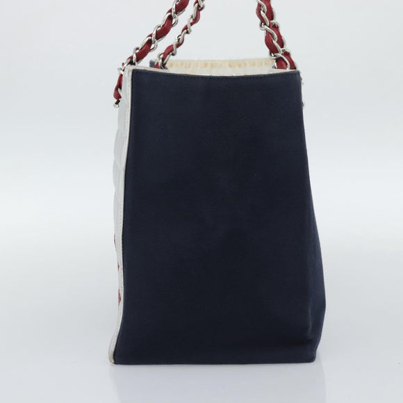 CHANEL Choco Bar Chain Tote Bag Canvas Navy Silver CC Auth 191645A