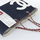 CHANEL Choco Bar Chain Tote Bag Canvas Navy Silver CC Auth 191645A-6
