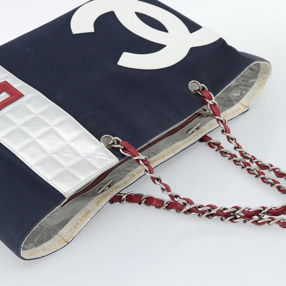 CHANEL Choco Bar Chain Tote Bag Canvas Navy Silver CC Auth 191645A