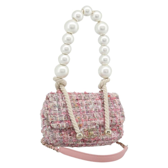 CHANEL Chain Shoulder Bag Tweed 2way Pink Gold CC Auth 191647SAM