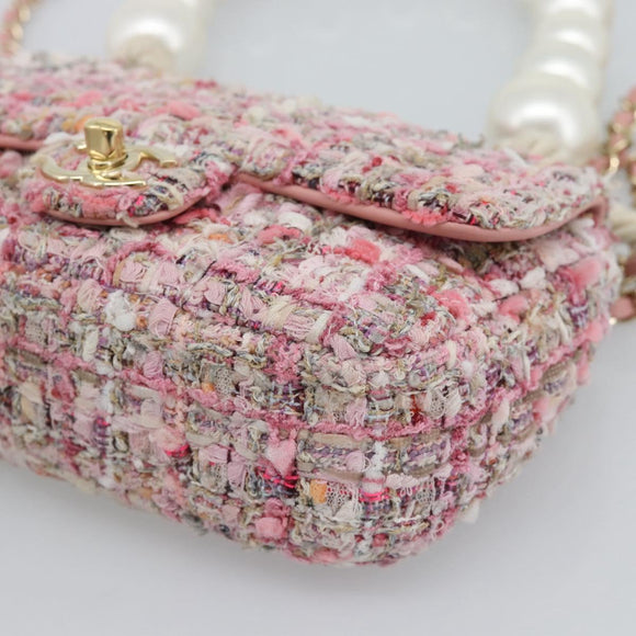 CHANEL Chain Shoulder Bag Tweed 2way Pink Gold CC Auth 191647SAM