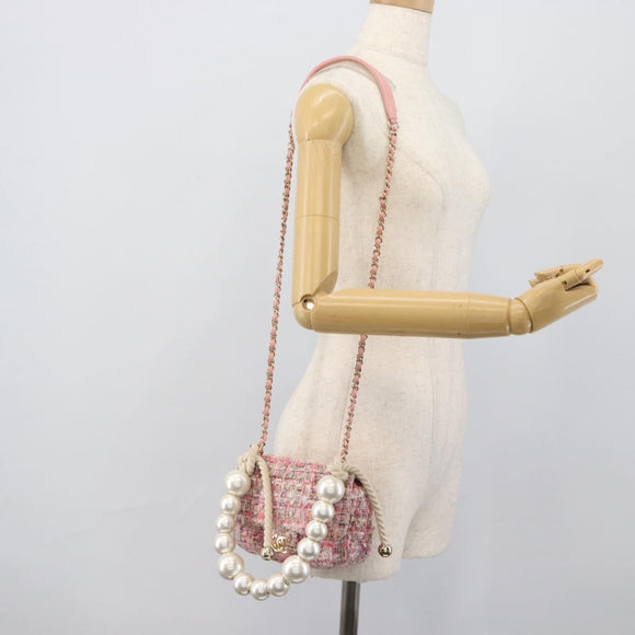 CHANEL Chain Shoulder Bag Tweed 2way Pink Gold CC Auth 191647SAM