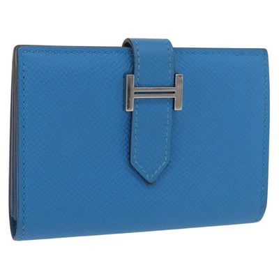 HERMES Bean Card Case Leather Blue Silver Auth 191663M