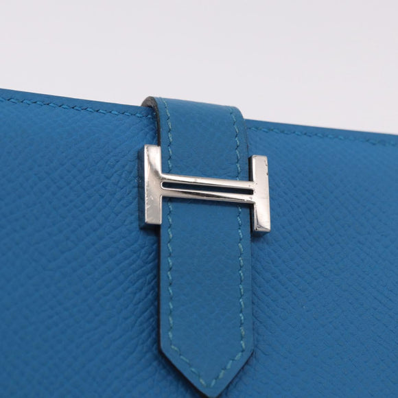 HERMES Bean Card Case Leather Blue Silver Auth 191663M