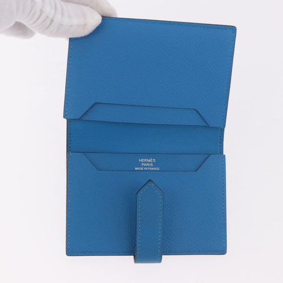HERMES Bean Card Case Leather Blue Silver Auth 191663M