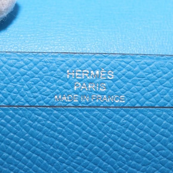 HERMES Bean Card Case Leather Blue Silver Auth 191663M