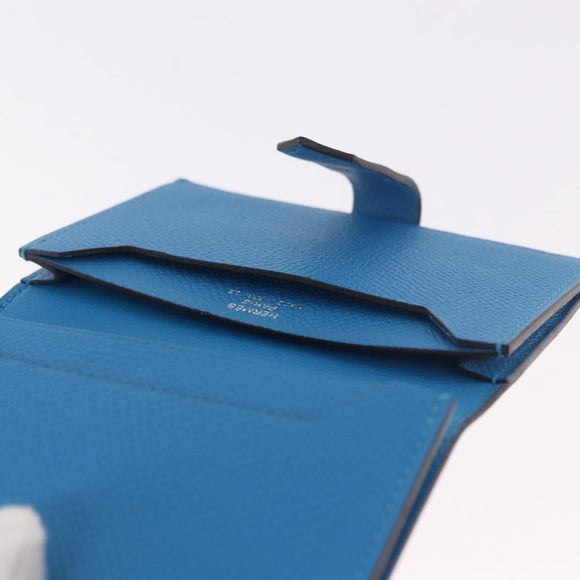 HERMES Bean Card Case Leather Blue Silver Auth 191663M