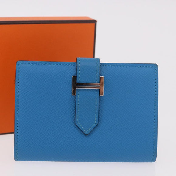 HERMES Bean Card Case Leather Blue Silver Auth 191663M