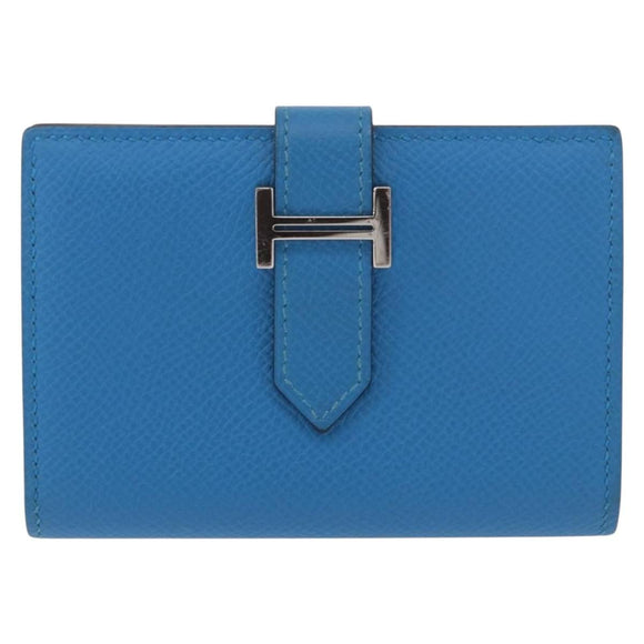 HERMES Bean Card Case Leather Blue Silver Auth 191663M