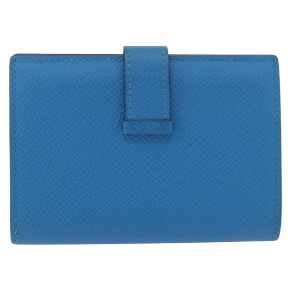 HERMES Bean Card Case Leather Blue Silver Auth 191663M