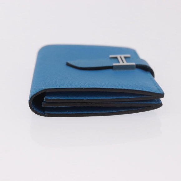 HERMES Bean Card Case Leather Blue Silver Auth 191663M