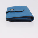 HERMES Bean Card Case Leather Blue Silver Auth 191663M-4