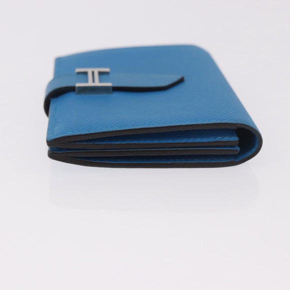 HERMES Bean Card Case Leather Blue Silver Auth 191663M