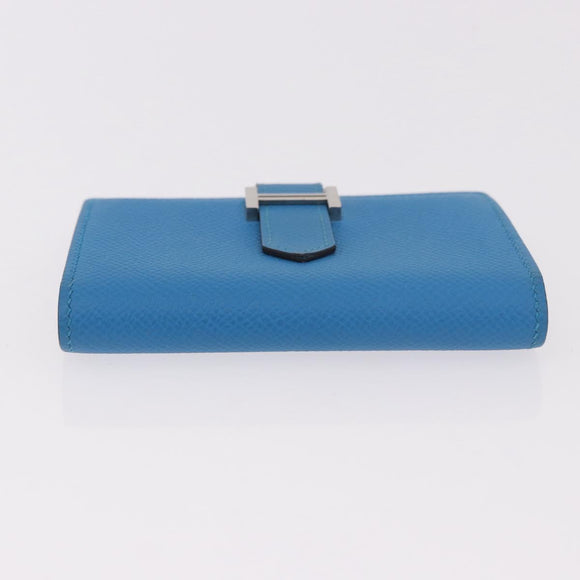 HERMES Bean Card Case Leather Blue Silver Auth 191663M