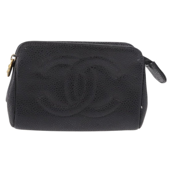 CHANEL COCO Mark Pouch Caviar Skin Black Gold CC Auth 191678