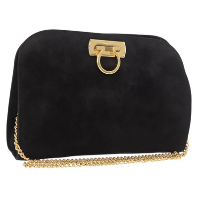Salvatore Ferragamo Gancini Chain Shoulder Bag Suede Black Gold Auth 191696
