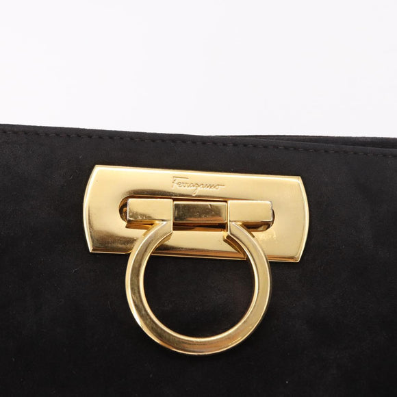 Salvatore Ferragamo Gancini Chain Shoulder Bag Suede Black Gold Auth 191696