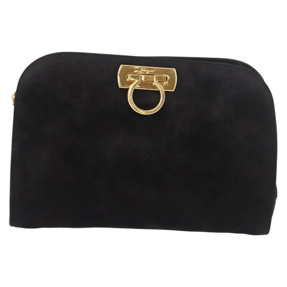 Salvatore Ferragamo Gancini Chain Shoulder Bag Suede Black Gold Auth 191696