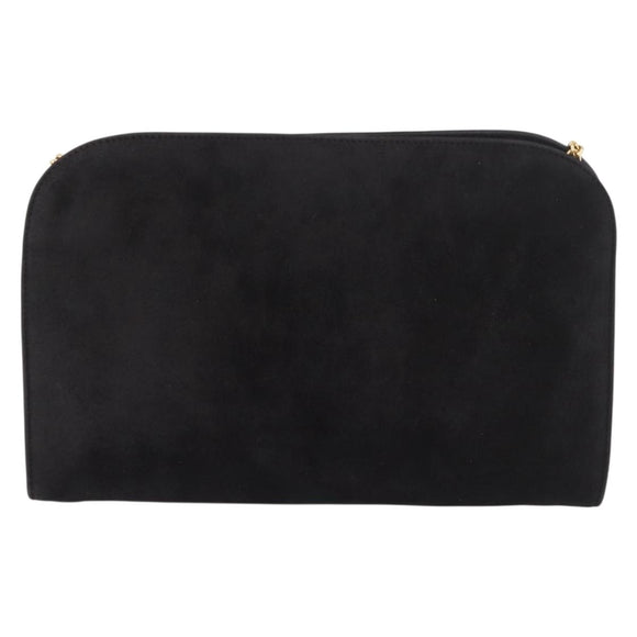 Salvatore Ferragamo Gancini Chain Shoulder Bag Suede Black Gold Auth 191696