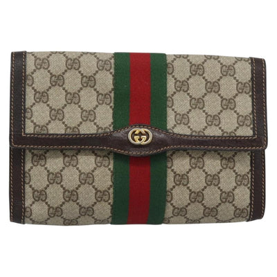 GUCCI GG Supreme Clutch Bag PVC Leather Beige Gold Auth 191707 - 0