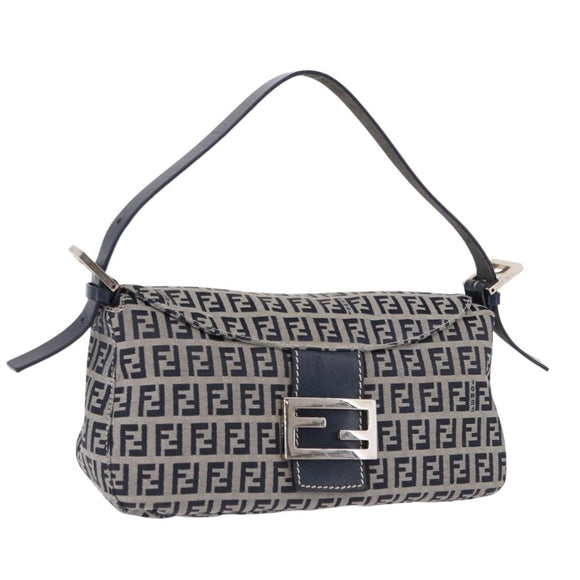 FENDI Zucchino Canvas Mamma Baguette Shoulder Bag Navy Silver Auth 191734V