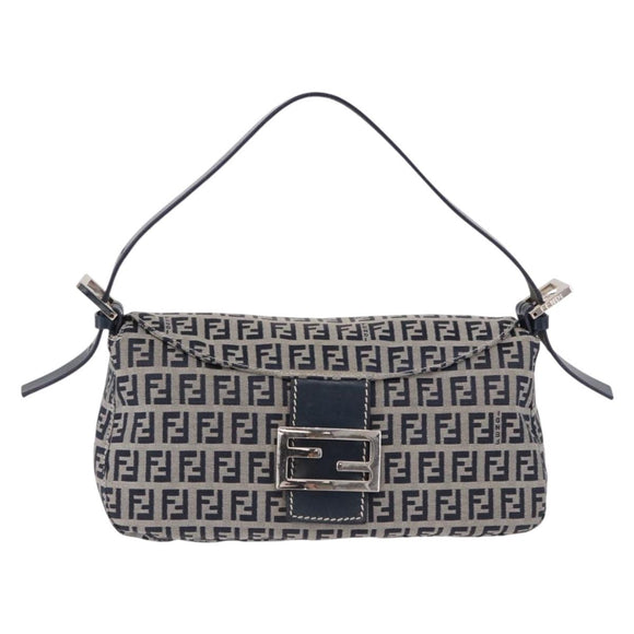 FENDI Zucchino Canvas Mamma Baguette Shoulder Bag Navy Silver Auth 191734V
